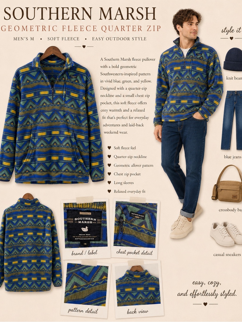 Southern Marsh Fleece Pullover Mens M Aztec Geometric Blue Green Quarter Zip